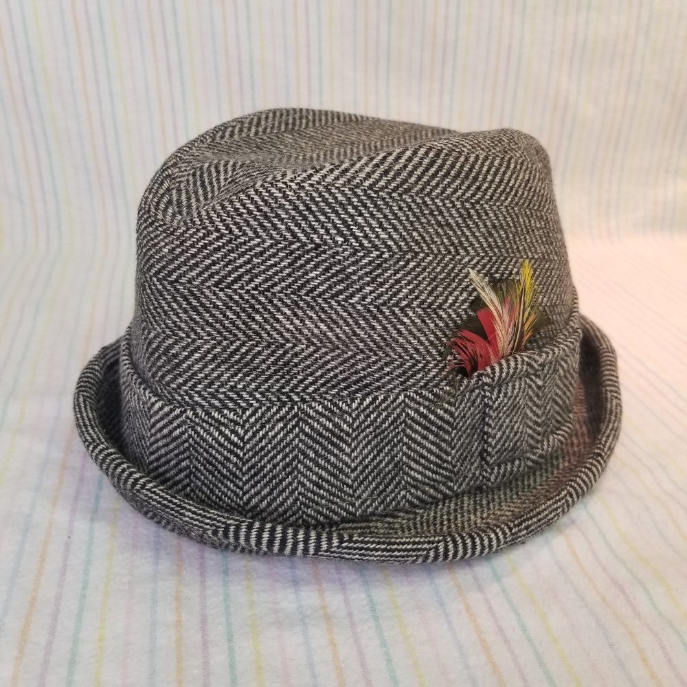 1950s 1960s Resistol Snap-Back Tweed Fedora Hat Black White Feathers Vtg Trilby